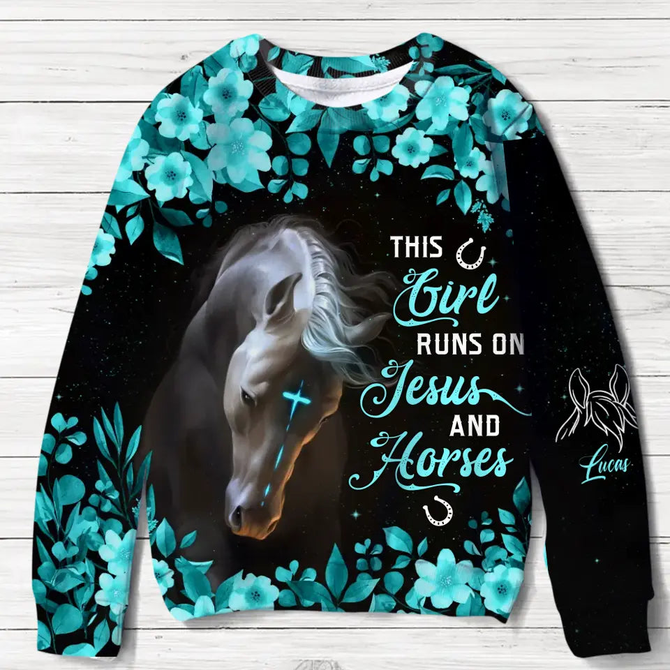 Personalized Horse Ear AOP Sweater - Up to 5 Names - Gift Idea For Horse Lover - This Girl Runs On Jesus And Horses