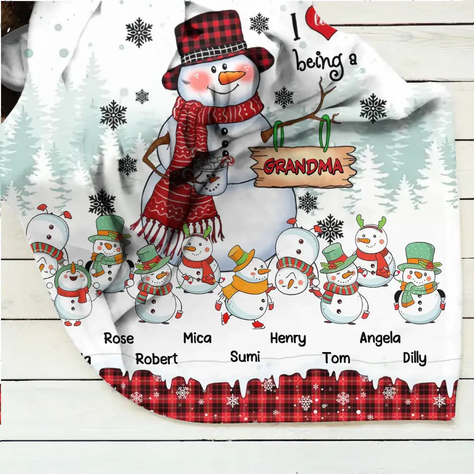 Personalized Christmas Snowman Grandma Quilt/Fleece Throw Blanket - Up to 10 Grandkids - Christmas Gift Idea For Grandma - I Love Being A Grandma
