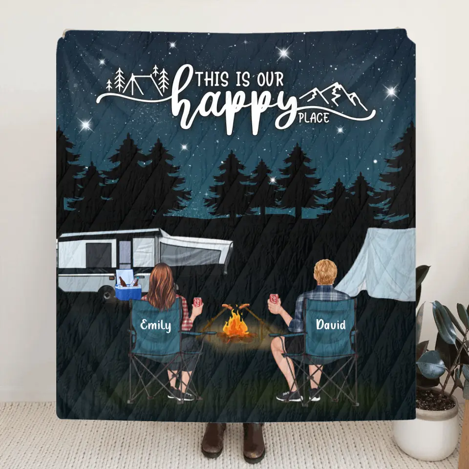 Personalized Camping Family Quilt/Fleece Throw Blanket - Gift Idea For Camping Lover/Couple/Family - This Is Our Happy Place