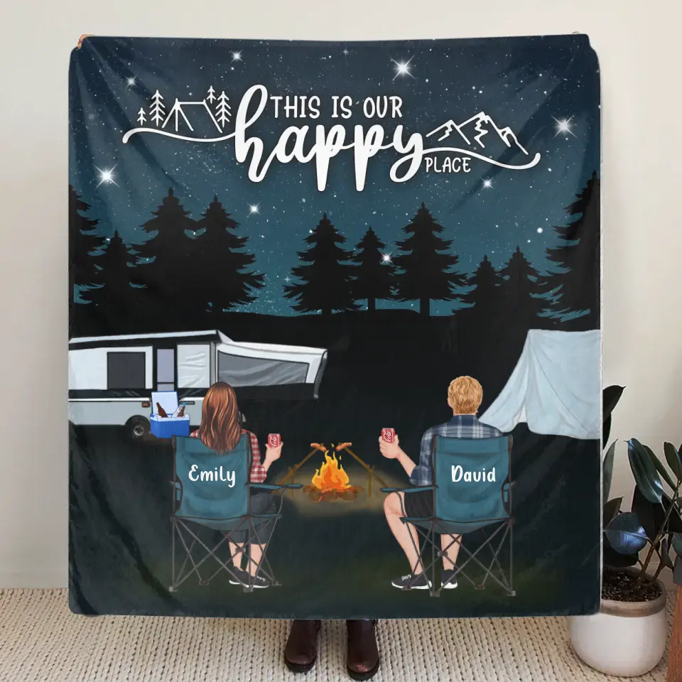 Personalized Camping Family Quilt/Fleece Throw Blanket - Gift Idea For Camping Lover/Couple/Family - This Is Our Happy Place