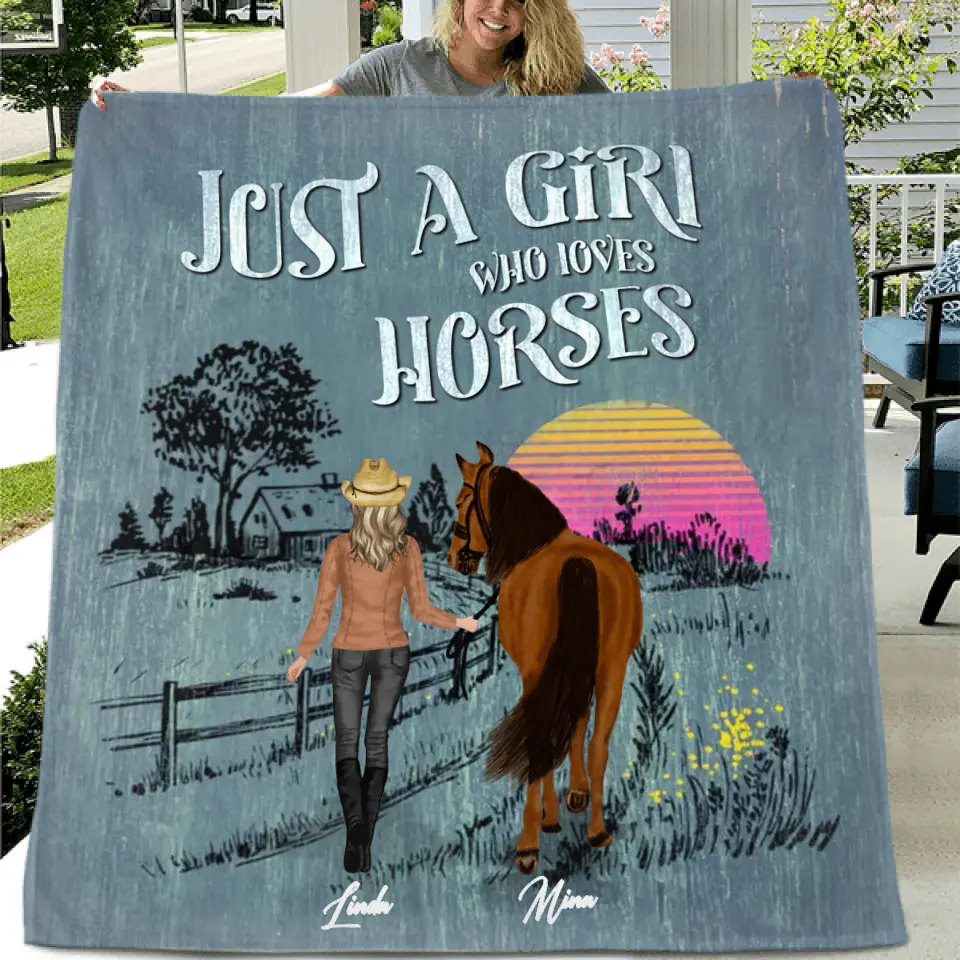 Personalized Horse Girl Quilt/Fleece Throw Blanket - Gift Idea For Girl/Horse Lovers - Up to 6 Horses - Just A Girl Who Loves Horses