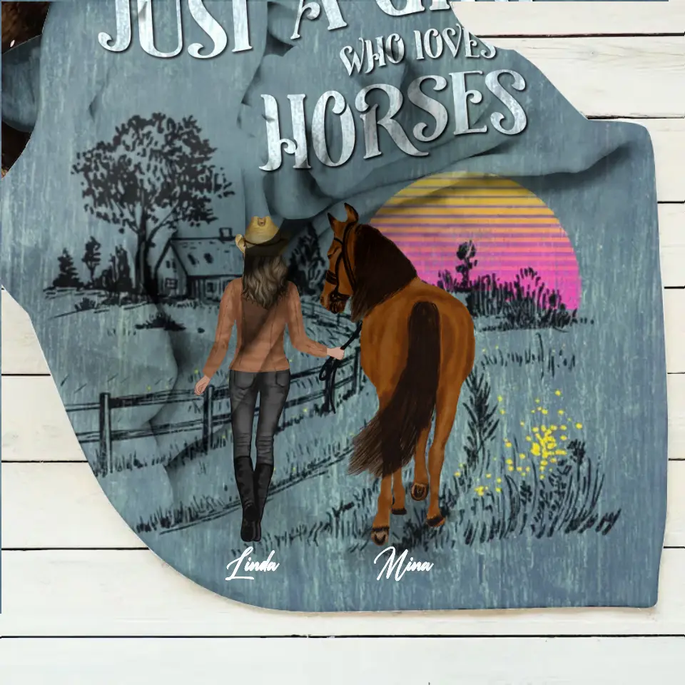 Personalized Horse Girl Quilt/Fleece Throw Blanket - Gift Idea For Girl/Horse Lovers - Up to 6 Horses - Just A Girl Who Loves Horses