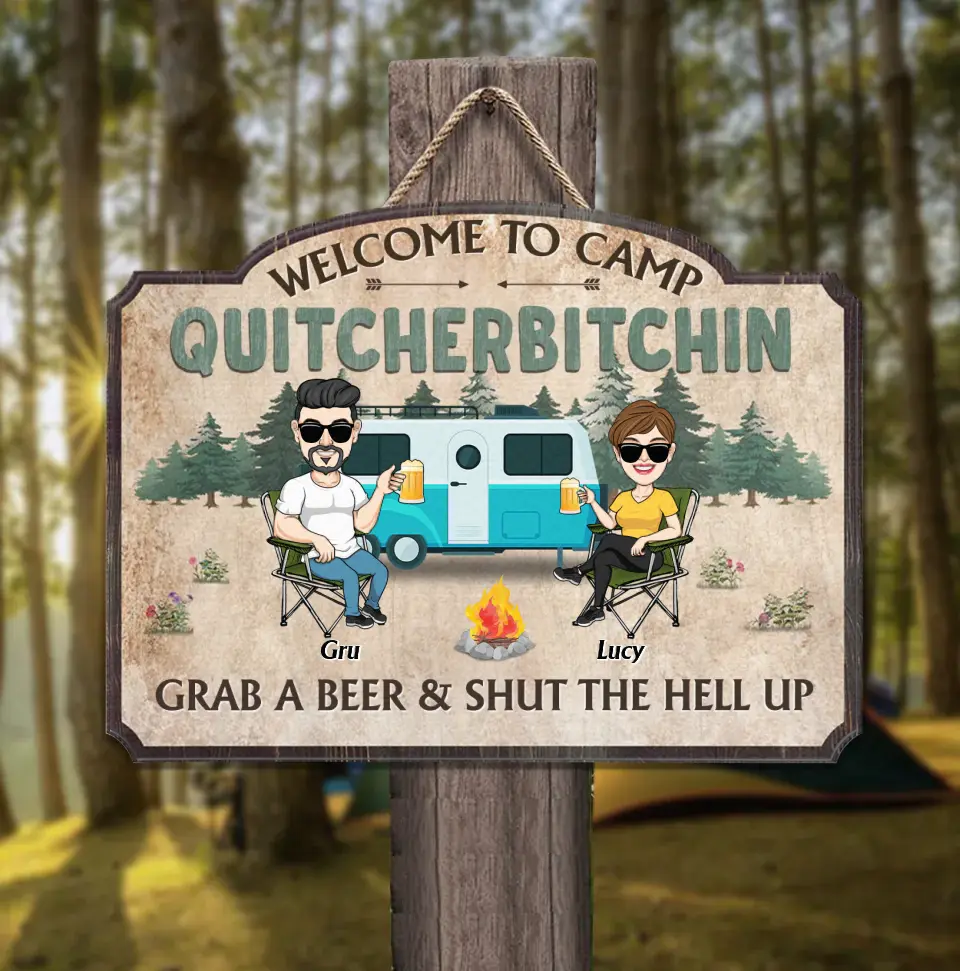 Personalized Camping Wooden Sign - Gift Idea For Couple/Camping Lovers - Couple With Up to 4 Dogs - Welcome To Camp Quitcherbitchin