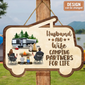 Personalized Camping Wooden Sign - Up to 2 Children & 3 Pets -  Gift Idea For Camping Lovers - Husband And Wife Camping Partners For Life