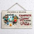 Personalized Camping Couple Rectangle Wooden Sign - Couple With Up to 4 Dogs - Gift Idea For Couple/Camping Lover - Home Is Where We Park It