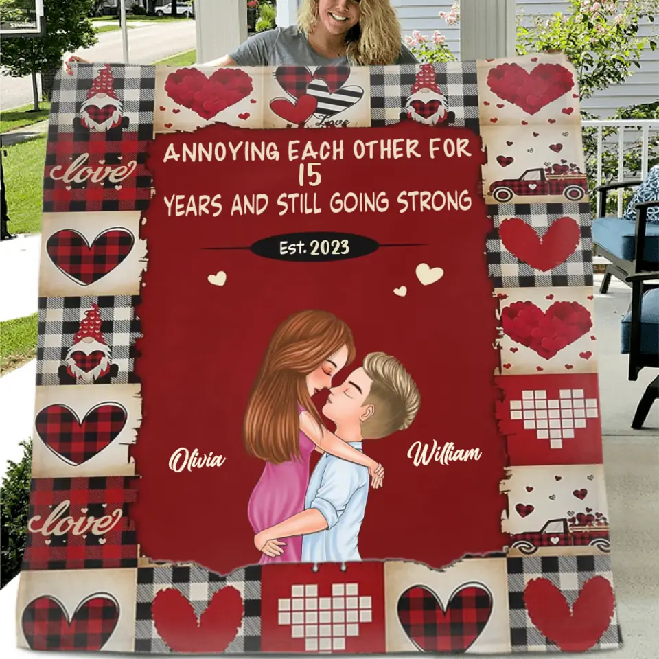 Personalized Couple Quilt/Fleece Throw Blanket/Pillow Cover - Gift Idea For Couple/Him/Her/Valentine's Day - Annoying Each Other For 15 Years