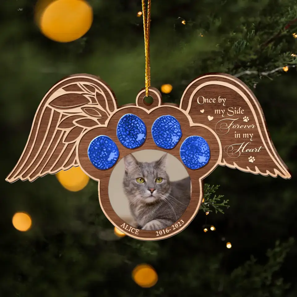 Personalized Memorial Paw Wings Wooden Ornament - Memorial Gift Idea For Pet Lover - Upload Photo - Once By My Side Forever In My Heart
