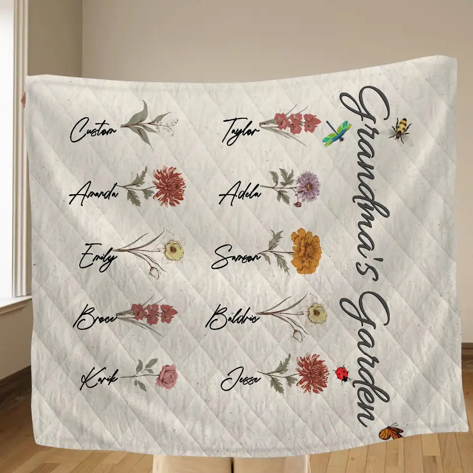 Personalized Grandma's Garden Fleece Throw Blanket/Quilt - Mother's Day Gift Idea For Grandma/Mother - Up to 10 Kids