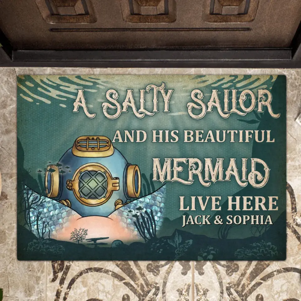 Personalized Funny Doormat - Gift Idea For Couple/Him/Her/Valentine's Day - A Salty Sailor And His Beautiful Mermaid Live Here