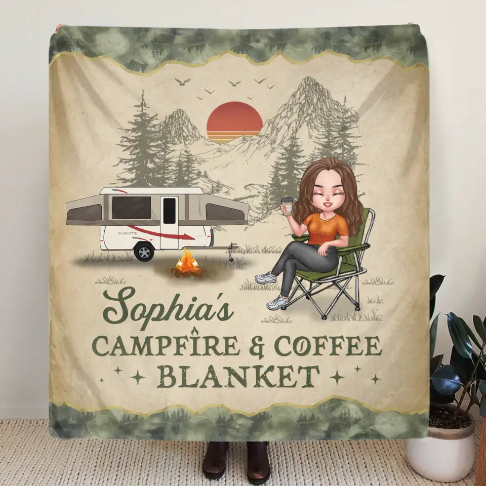 Personalized Camping Fleece Throw Blanket & Quilt - Gift Idea For Camping Lover - My Campfire & Coffee Blanket