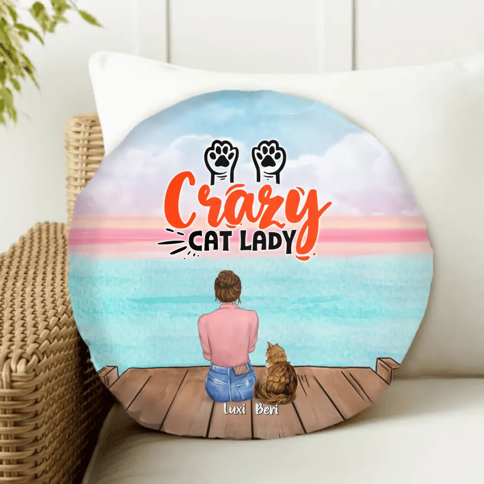 Personalized Cat Mom Round Pillow - Up to 5 Cats - Gift Idea For Cat Lover - Crazy Cat Lady