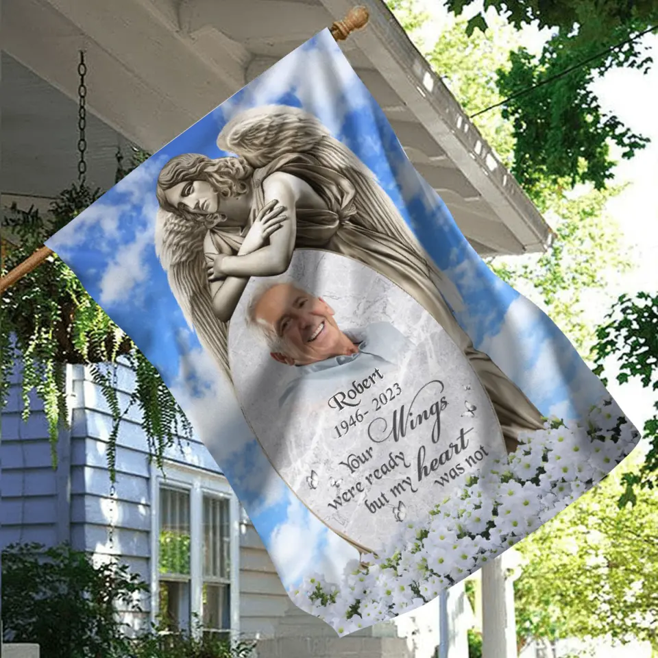 Personalized Memorial Garden Flag Sign - Memorial Gift Idea - Upload Photo - Your Wings Were Ready But My Heart Was Not