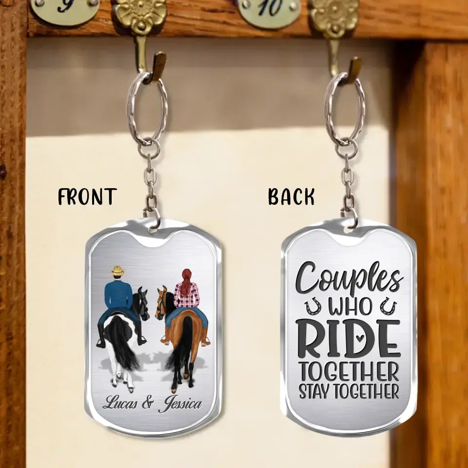 Personalized Couple Riding Horses Aluminum Keychain - Best Gift For Couple, Horse Lover - Couples Who Ride Together Stay Together