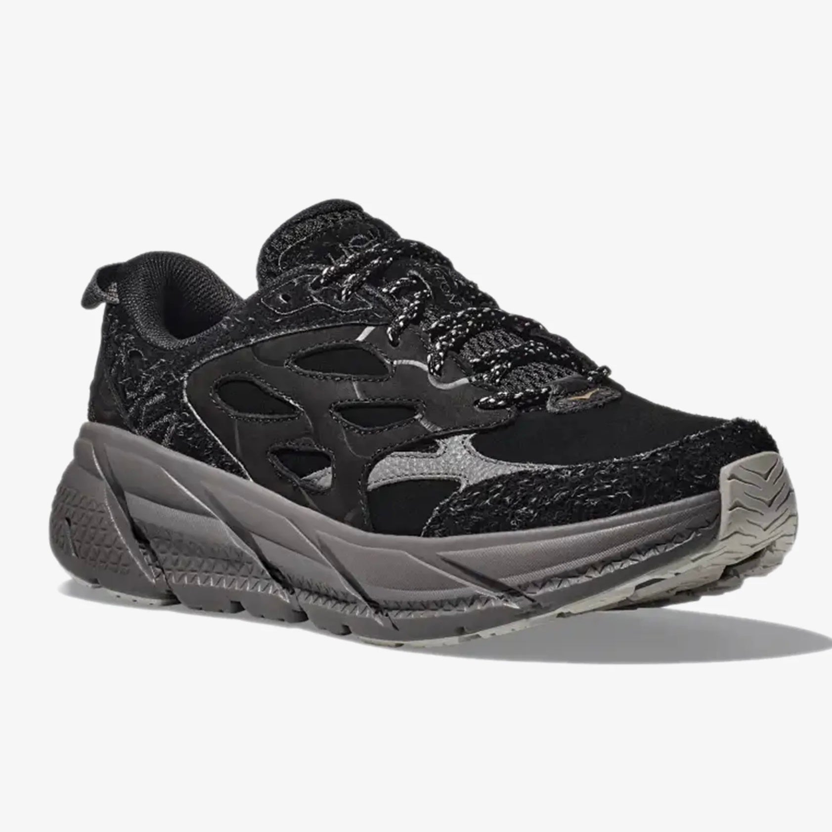 Hoka Clifton Elite Terrain System L Suede Leather Black Grey Unisex Sneakers