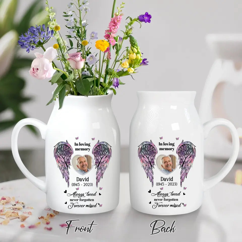 Personalized Memorial Heart Wings Ceramic Flower Vase - Upload Photo - Memorial Gift Idea For Family Member - Always Loved Never Forgotten Forever Missed