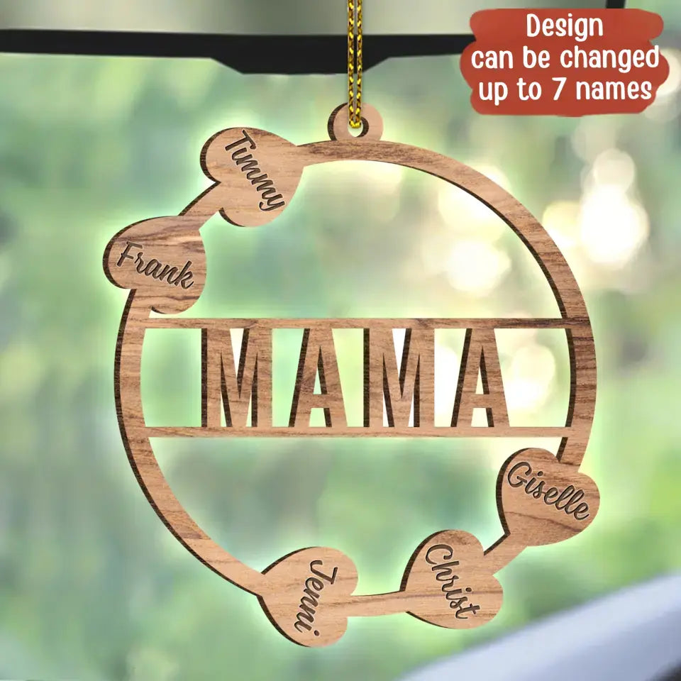 Personalized Mama Hearts Wooden Car Hanging - Up to 7 Kids - Gift To Grandma/Mom/Mother's Day