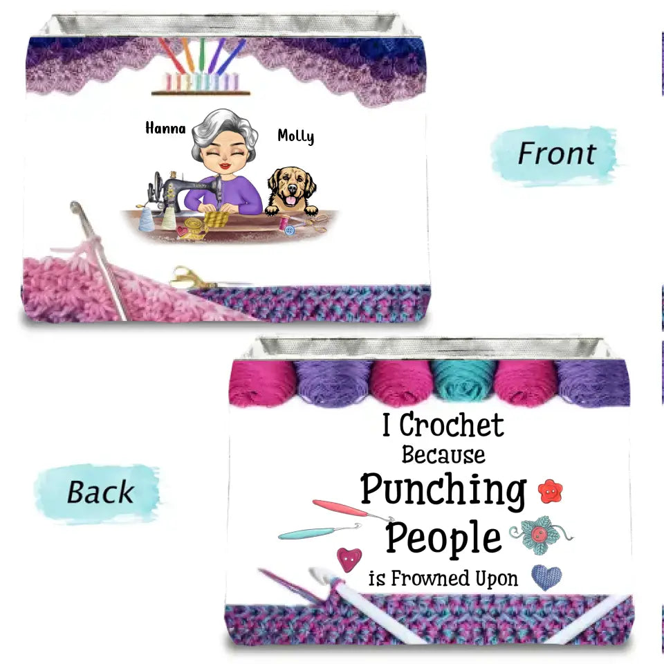 Personalized Sewing Woman With Pets Storage Box - Mother's Day Gift For Mom/Grandma With Up To 6 Pets - I Crochet Because Punching People Is Frowned Upon