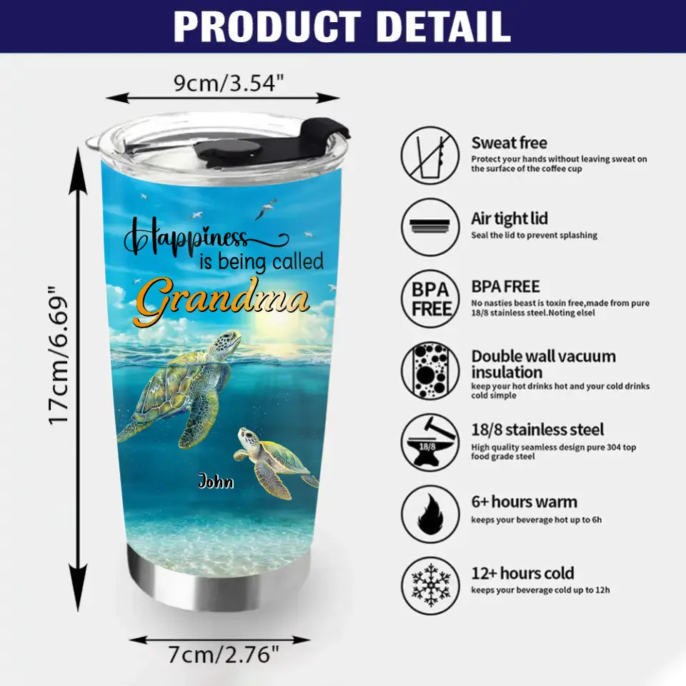Personalized Grandma Mom Turtle Tumbler - Gift Idea For Grandma - Up to 10 Kids - Happiness Is Being Called Grandma