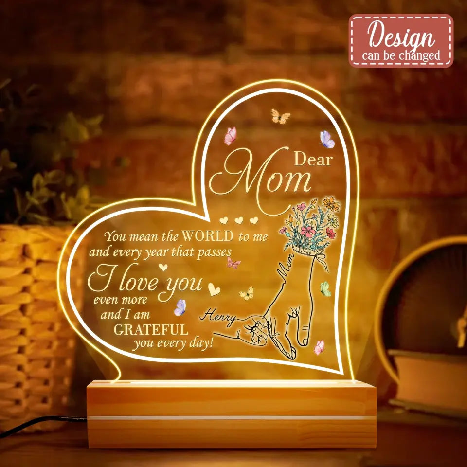 Personalized Dear Mom Heart Shaped Acrylic Night Light With Wooden Base Decoration - Gift Idea For Mom From Daughter/Son - You Mean The World To Me