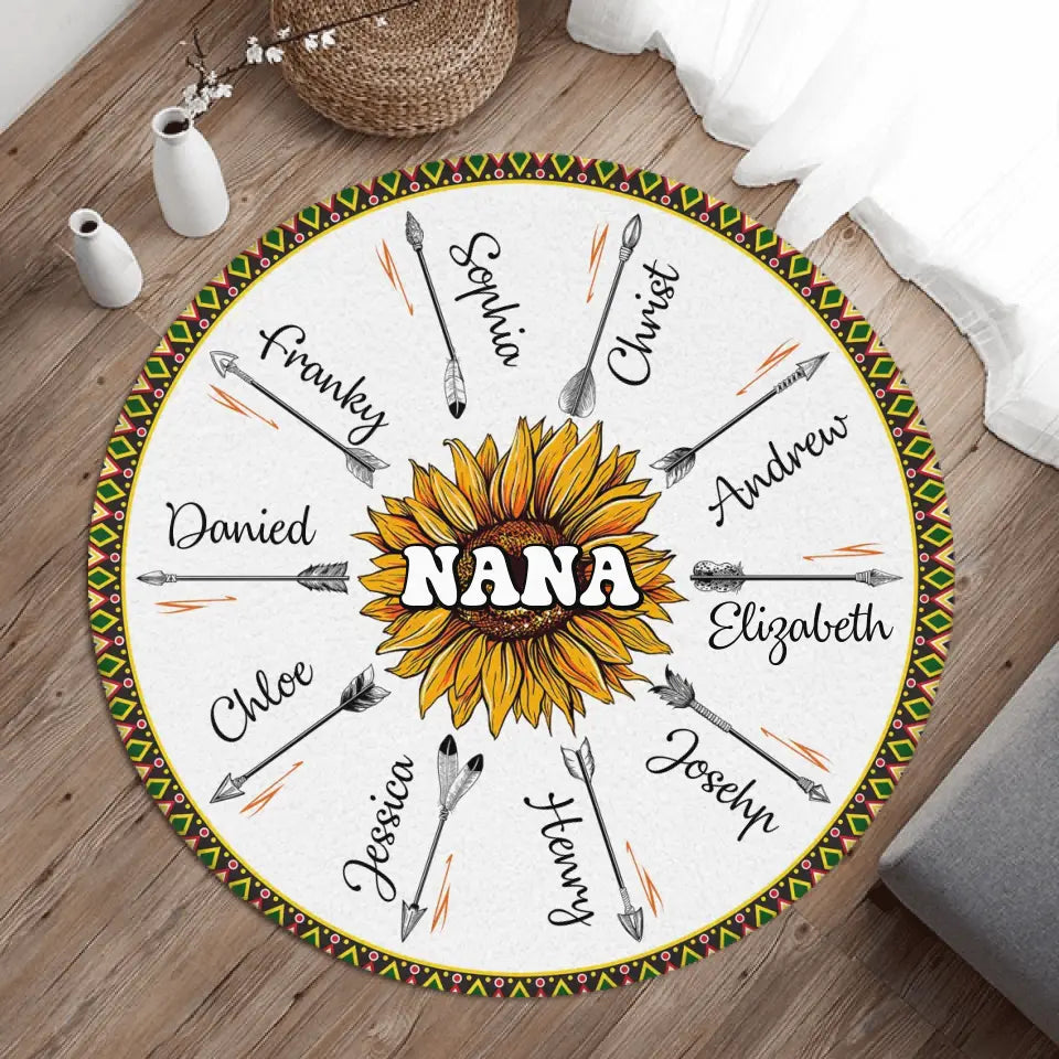 Personalized Grandma Mom Sunflower With Arrow Grandkids Round Rug - Up to 10 Kids - Gift Idea For Grandma/Mom/Mother's Day