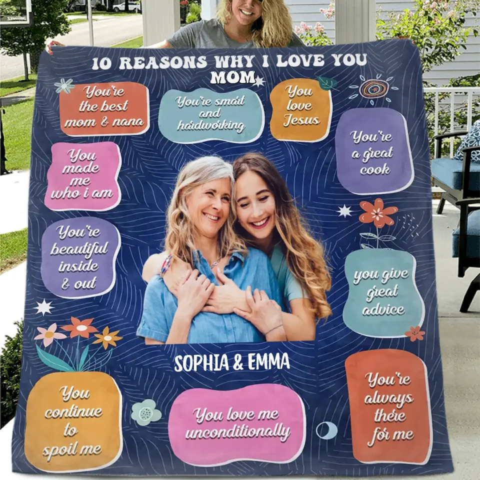 Personalized Photo Quilt/Fleece Throw Blanket - Mother's Day Gift Idea for Mom/Grandma - 10 Reasons Why I Love You