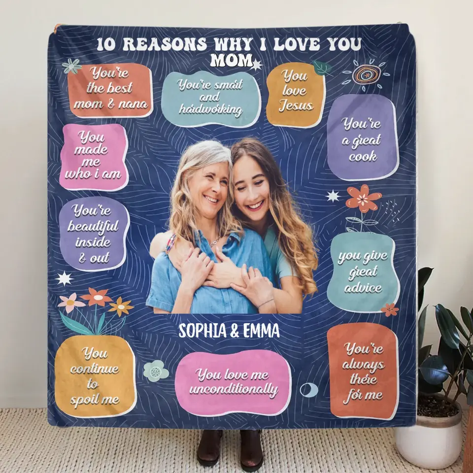 Personalized Photo Quilt/Fleece Throw Blanket - Mother's Day Gift Idea for Mom/Grandma - 10 Reasons Why I Love You