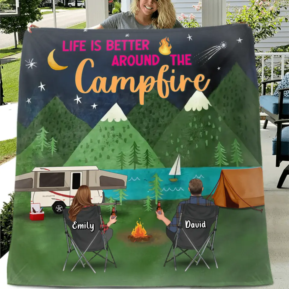 Personalized Camping Quilt/Fleece Throw Blanket - Gift Idea For Family/Camping Lover - Couple/ Parents/ Single Parent With Up to 5 Kids And 4 Pets - Life Is Better Around The Campfire