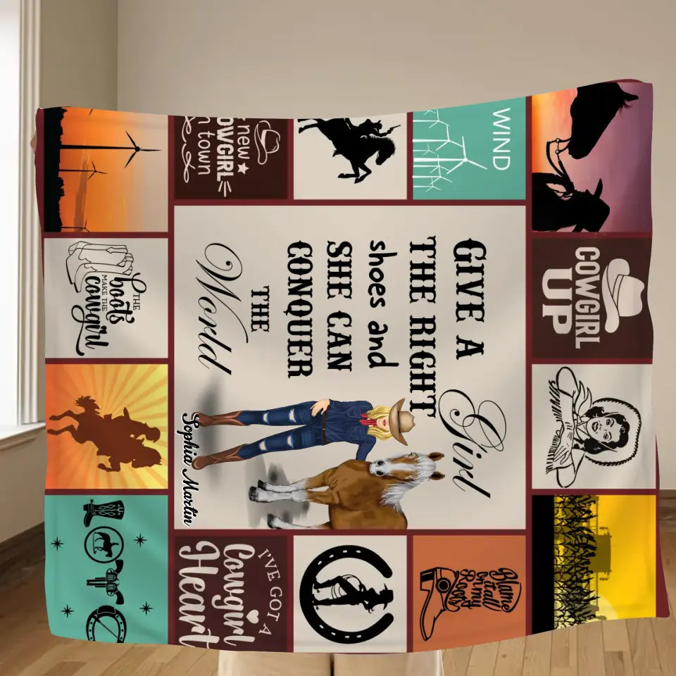 Personalized Horse Girl Quilt/Fleece Throw Blanket - Gift Idea For Girl/Horse Lovers - Give A Girl The Right Shoes