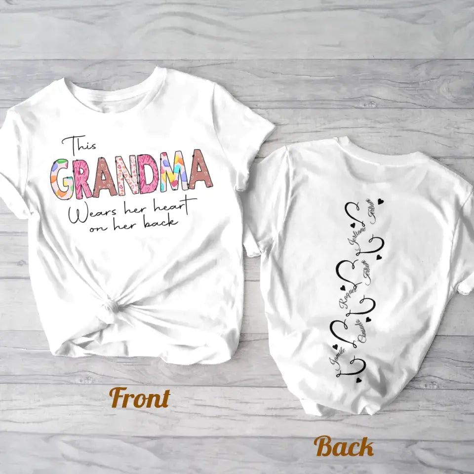 Personalized Grandma AOP T-Shirt - Up to 6 Kids - Mother's Day Gift Idea For Grandma - This Grandma Wears Her Heart On Her Back