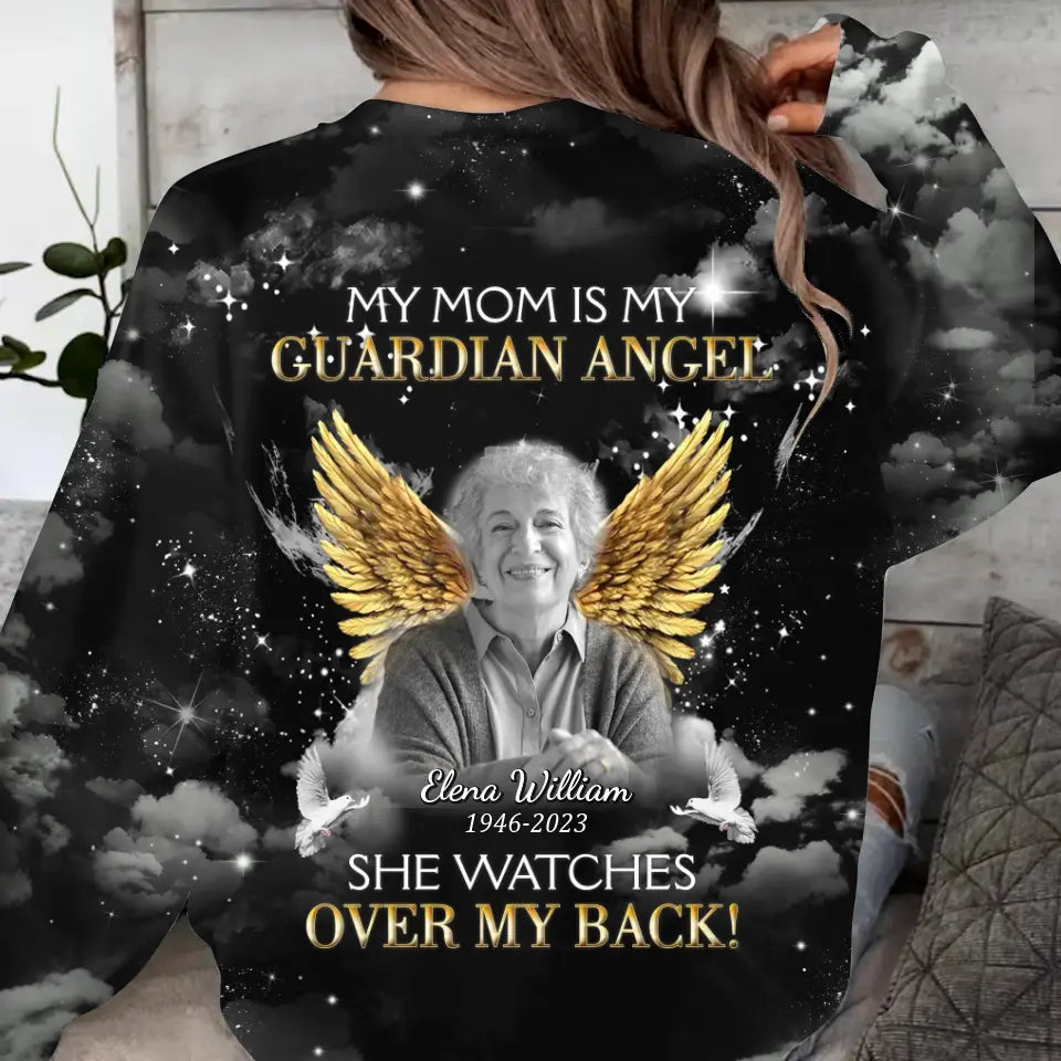 Personalized Memorial Mom AOP Sweater - Upload Photo - Memorial Gift Idea For Family Member/Mother's Day - My Mom Is My Guardian Angel She Watches Over My Back