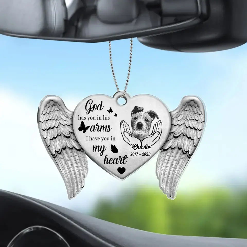 Personalized Memorial Dog Heart Wings Acrylic Car Ornament - Memorial Gift For Pet Lover - Upload Photo - God Has You In His Arms I Have You In My Heart