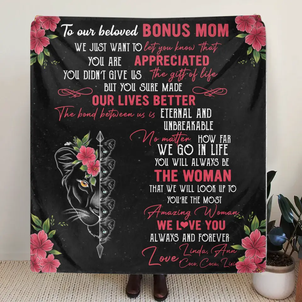 Personalized Mom & Children Quilt/Fleece Throw Blanket - Mother's Day Gift Idea To Mom - Up to 5 Children - To Our Beloved Bonus Mom