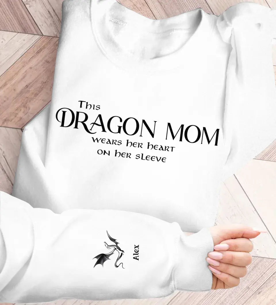 Personalized Dragon Mom AOP Sweater - Up to 5 Kids - Mother's Day Gift Idea For Mom/Grandma - This Dragon Mom Wears Her Heart On Her Sleeve