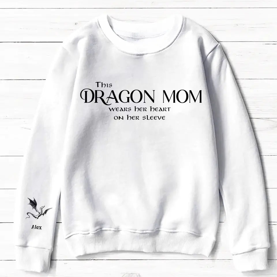 Personalized Dragon Mom AOP Sweater - Up to 5 Kids - Mother's Day Gift Idea For Mom/Grandma - This Dragon Mom Wears Her Heart On Her Sleeve