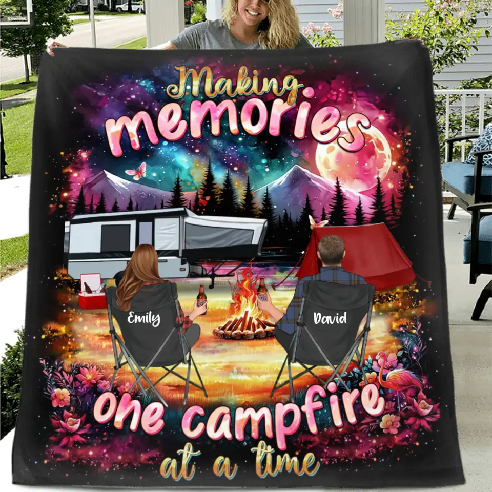 Personalized Camping Quilt/Fleece Throw Blanket/Pillow Cover - Gift Idea For Family/Camping Lover - Making Memories One Campfire At A Time