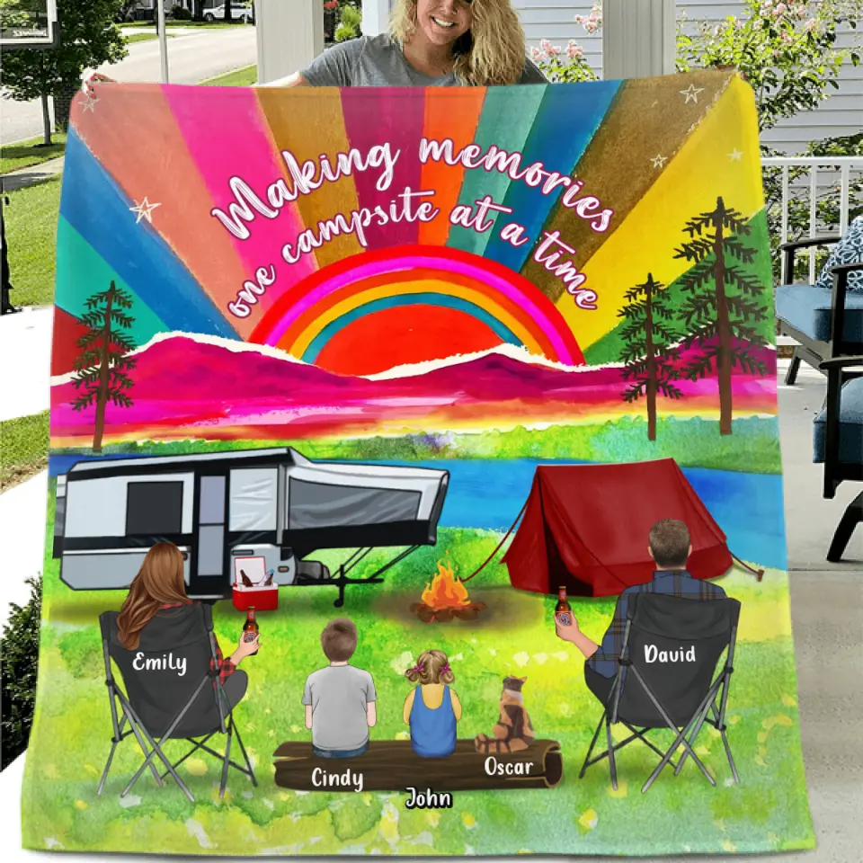 Personalized Watercolor Camping Quilt/Fleece Throw Blanket - Gift Idea For Family/Camping Lover - Couple/ Parents/ Single Parent With Up to 3 Kids And 4 Pets - Making Memories One Campsite At A Time