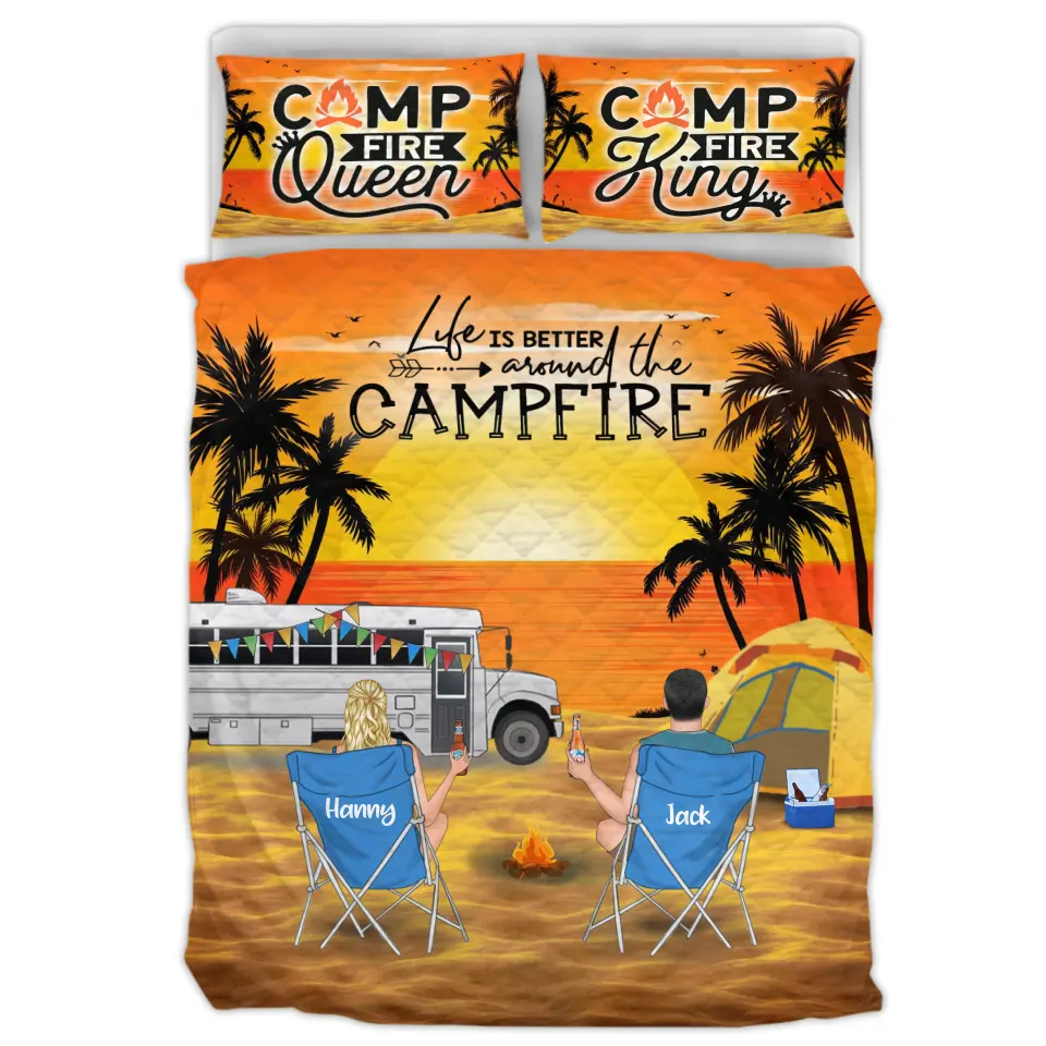 Personalized New Beach Camping Quilt Bed Sets - Gift for Whole Family, Camping Lovers - Couple/Parents With Up To 5 Pets, 4 Kids - Life Is Better Around The Campfire