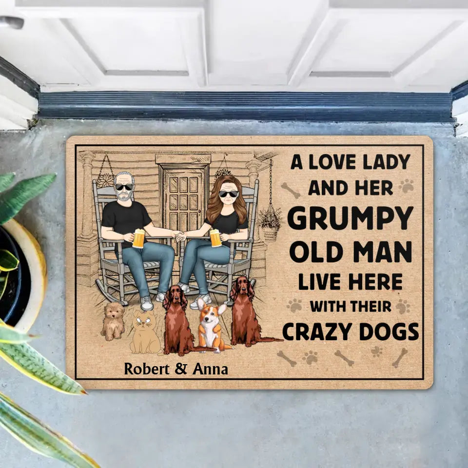 Personalized Couple With Pets Doormat - Gift Idea For Mother's Day/Father's Day - Up to 5 Pets - A Lovely Lady And Her Grumpy Old Man Live Here With Their Crazy Dogs