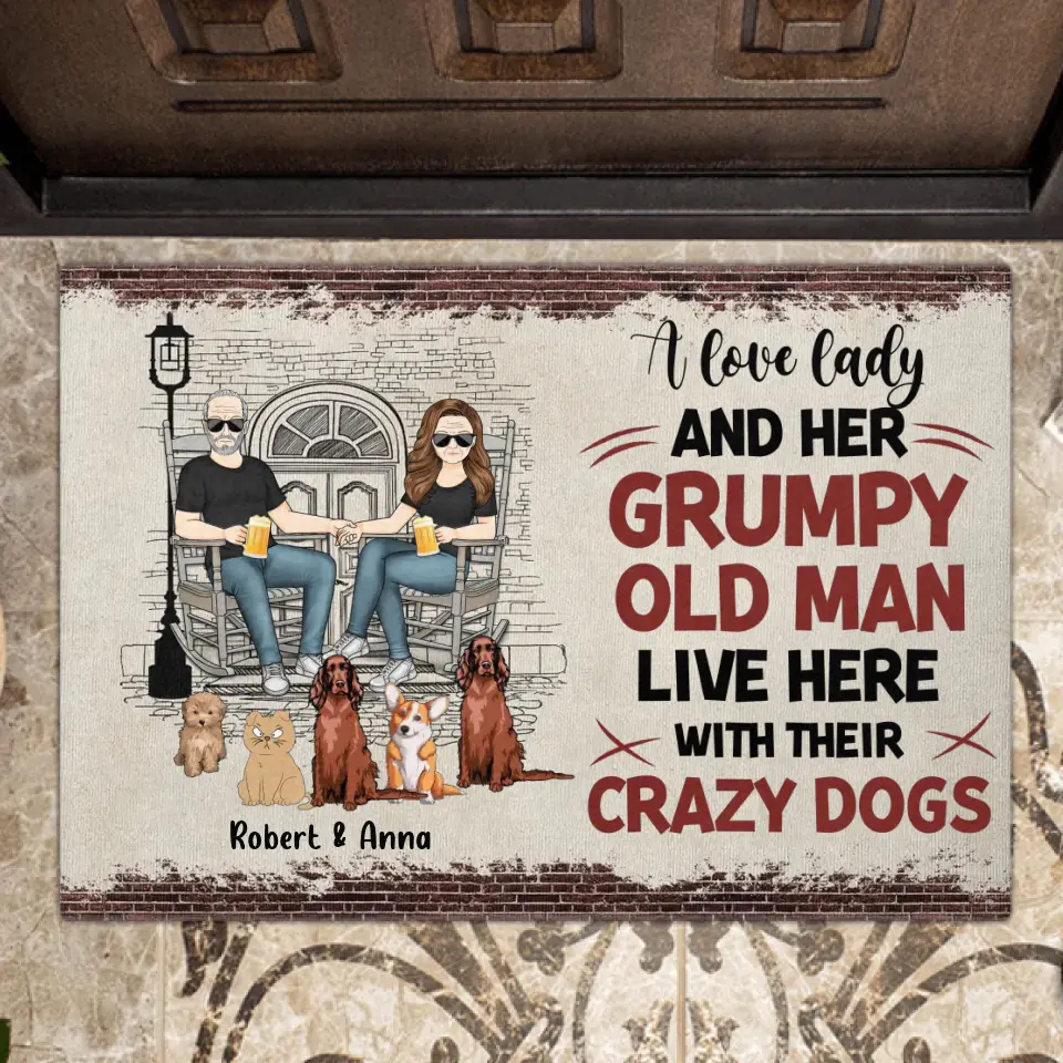 Personalized Couple With Pets Doormat - Gift Idea For Mother's Day/Father's Day/Pet Lovers - Up to 5 Pets - A Lovely Lady And Her Grumpy Old Man Live Here