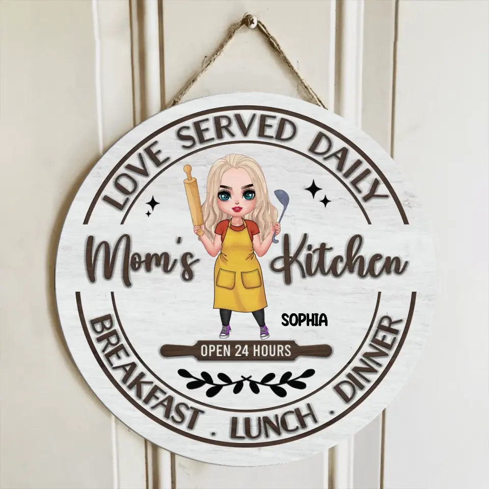 Personalized Mom's Kitchen Circle Wooden Sign - Mother's Day Gift Idea For Grandma/Mother - Love Served Daily