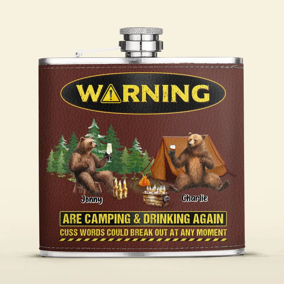 Personalized Camping Leather Flask - Up to 6 Bears - Father's Day Gift Idea for Camping Lovers - Warning Are Camping & Drinking Again