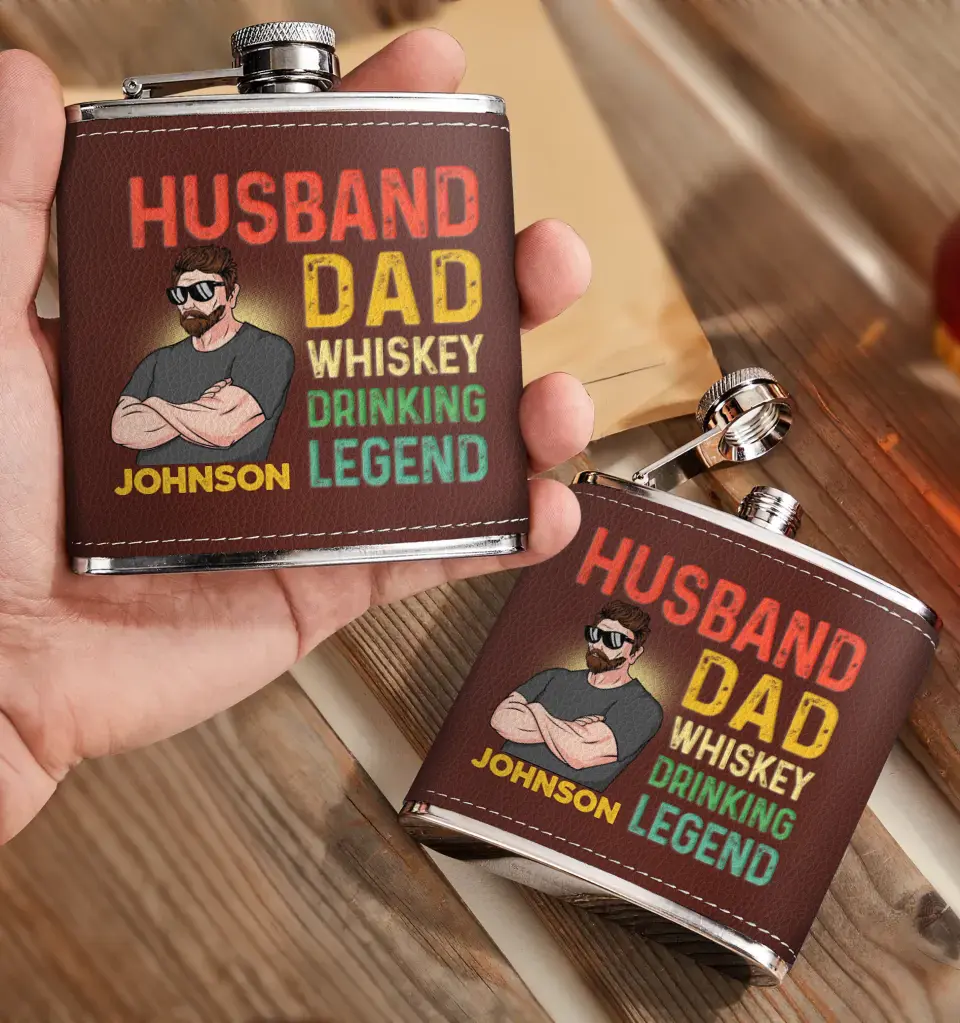 Personalized Dad Leather Flask - Father's Day Gift Idea For Dad - Husband Dad Whiskey Drinking Legend
