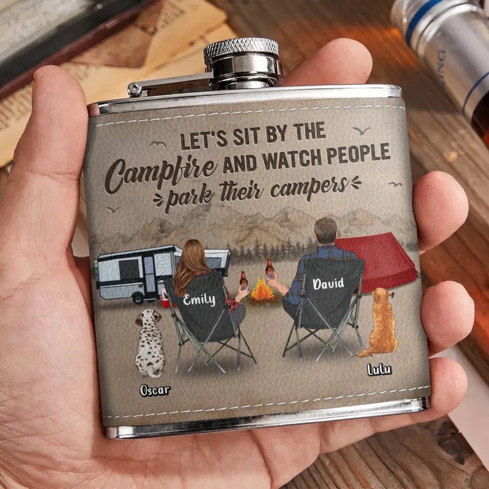 Personalized Camping Leather Flask - Gift Idea For Camping Lover/Couple/Family - Couple/Parents With Up to 3 Kids And 2 Pets - Let's Sit By The Campfire And Watch People Park Their Campers