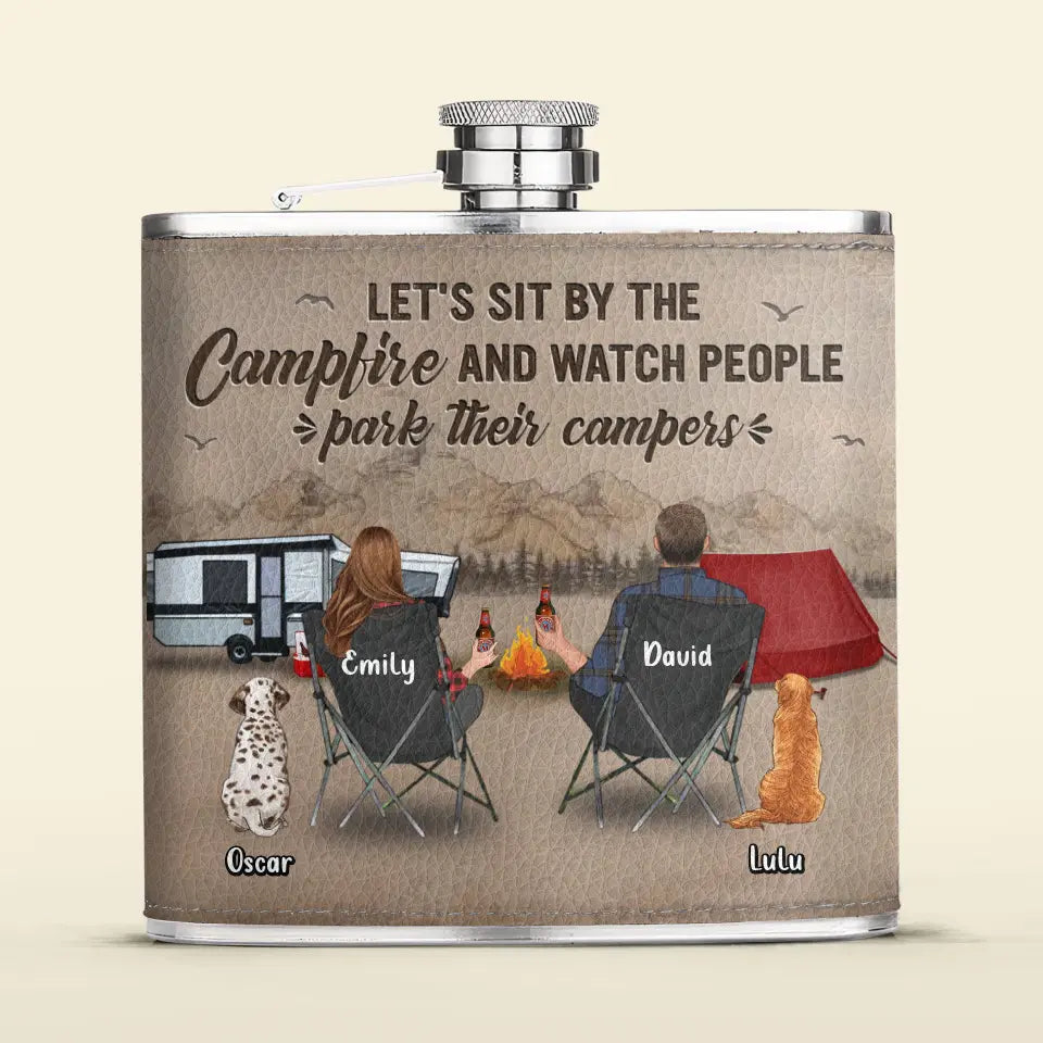 Personalized Camping Leather Flask - Gift Idea For Camping Lover/Couple/Family - Couple/Parents With Up to 3 Kids And 2 Pets - Let's Sit By The Campfire And Watch People Park Their Campers
