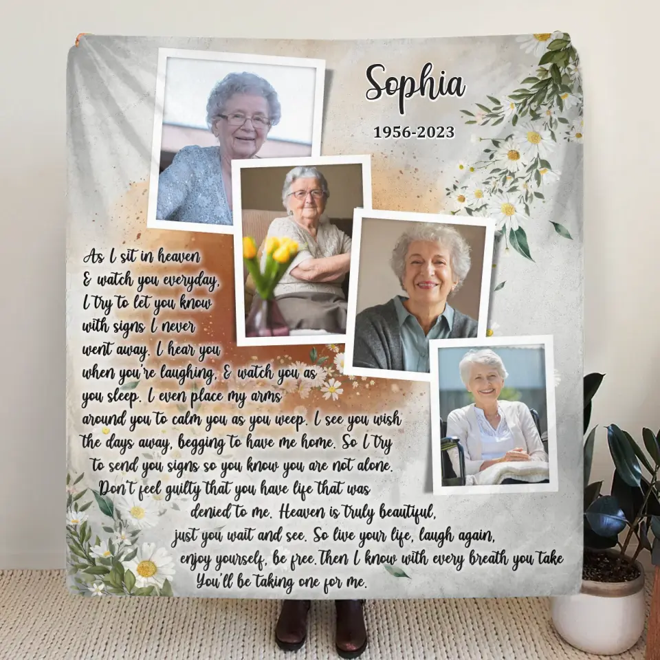 Personalized Memorial Photo Fleece Throw/Quilt Blanket - Upload Photo - Memorial Gift Idea For Family Member - As I Sit In Heaven & Watch You Everyday
