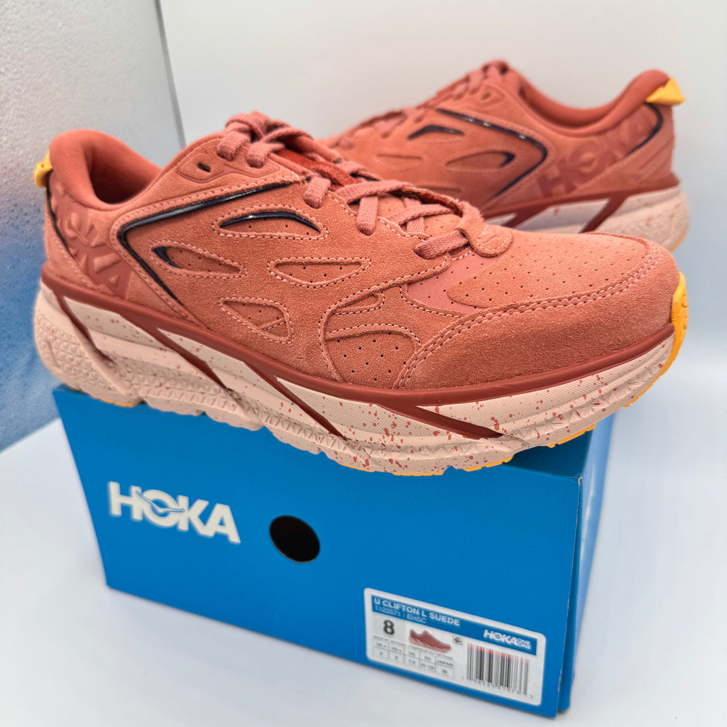 Hoka Clifton L Suede in Earthenware/ Hot Sauce Red Unisex Leather Sneakers