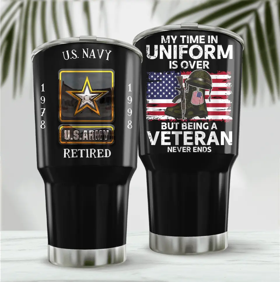 Personalized Retired Veteran Irregular Tumbler - Father's Day Gift Idea for Veteran - My Time In Uniform Is Over But Being A Veteran Never Ends