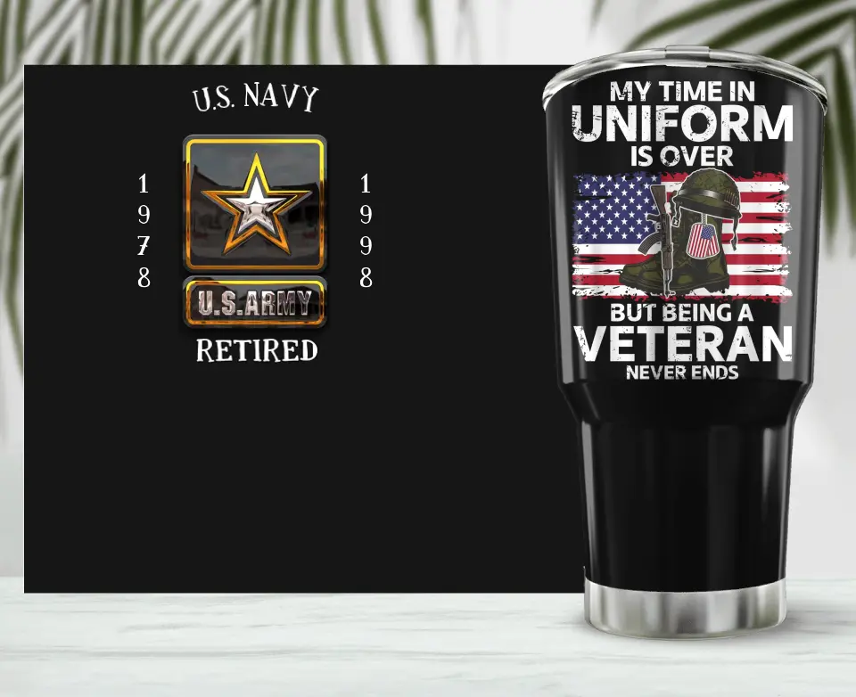 Personalized Retired Veteran Irregular Tumbler - Father's Day Gift Idea for Veteran - My Time In Uniform Is Over But Being A Veteran Never Ends