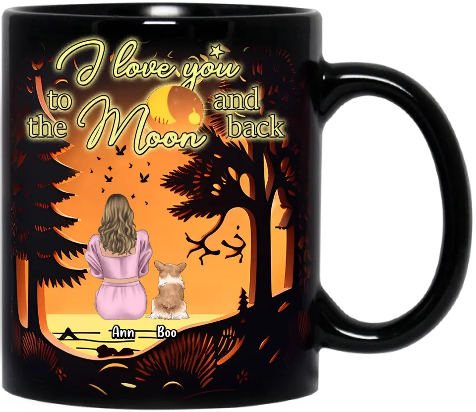 Personalized Dog Mom Black Coffee Mug - Up to 3 Dogs - Mother's Day Gift Idea for Dog Lovers - I Love You To The Moon And Back