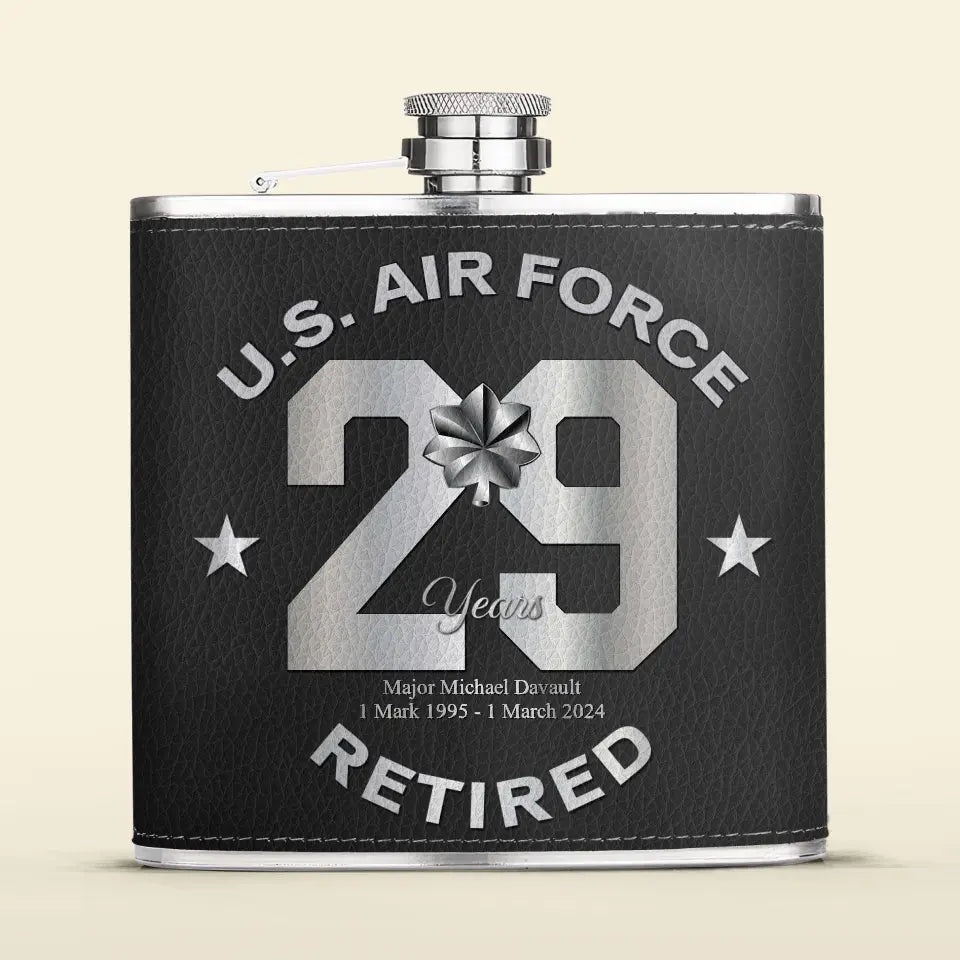 Personalized Retired Veteran Leather Flask - Father's Day Gift Idea for Veteran
